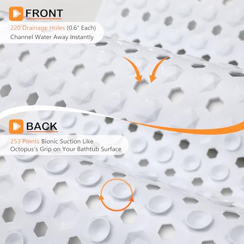 Yimobra Bathtub Mat Non Slip, 34.5"X15.5" Long Shower Mat for Inside Shower, Machine Washable Bath Mat with Drain Holes & Strong Suction Cups, Soft on Feet, Bathroom Essentials, White - color: White, size: 34.5 X 15.5 Inch