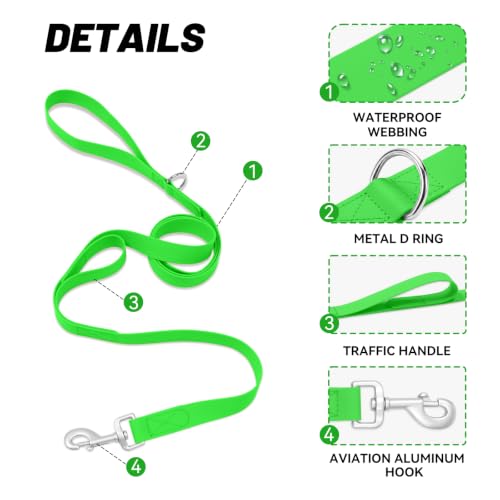 Waterproof Dog Leash with Double Handle, 6 FT Durable Odor-Proof Dog Leashes with Strong Aviation Aluminum Hooks Fits Small Medium or Large Dogs - color: Green, size: 6FT - Double Handle