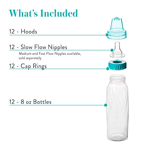 Evenflo Feeding Classic Clear Plastic Standard Neck Bottles for Baby, Infant and Newborn - Teal/Green/Blue, 8 Ounce (Pack of 12) - color: Teal / Green / Blue