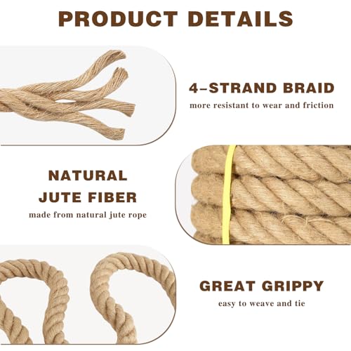 1 1/2 Inch x 50ft Jute Rope Natural Thick Heavy Hemp Rope Nautical Ropes Twisted Manila Rope for Crafts, Climbing, Bundling,Anchor, Hammock, Nautical, Cat Scratching Post, Tug of War, Decorate - size: 1 1/2 Inch x 50 Feet