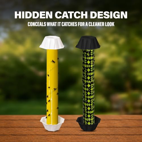 Catchmaster Fly Stick 4-Pack, Sticky Hanging Fly Traps Indoor & Outdoor | High-contrast pattern hides caught flies; Unscented; Captures flies, gnats & insects; Heavy duty glue; Hang or stand