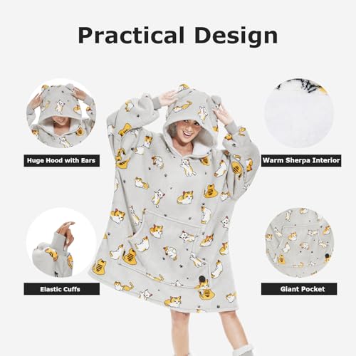 THREE POODLE Wearable Blanket Hoodie for Women, Oversized Sherpa Sweatshirt Blanket for Adults Men, Cozy Cat Hooded Blankets, Gifts for Teen Girls Women Mom Sister - color: Cat, size: Adult