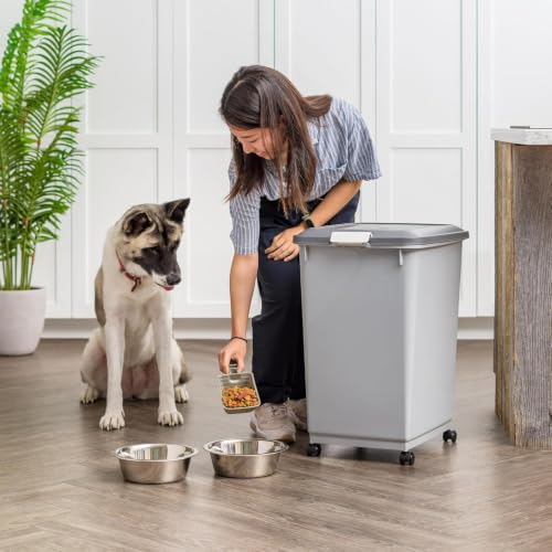 IRIS USA Dog Food Storage Container, Up to 54 lbs, Gray/Dark Gray | Made in USA, Comes with Wheels & 2-Cup Scoop, Airtight Seal, BPA-Free, Bird Seed, Cat food, Cat Litter, Treats, Pellets - color: Gray/Dark Gray, size: 54 lbs