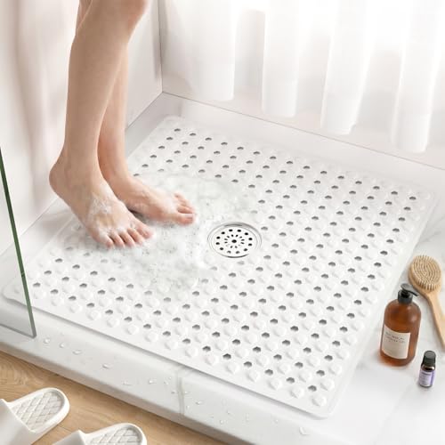 HITSLAM Non Slip Shower Mat, Square Bathtub Mat, 24x24 Inch, White | Diamond Textured PVC Bath Mat With Suction Cups, Shower Stall Mat with Center Drain Hole, Strong Grip, Machine Washable - color: White