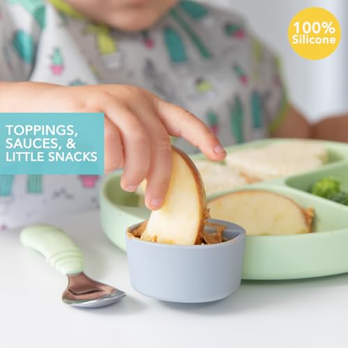 Bumkins Baby Silicone Little Dippers, Attaches to Bowls, Dishes and Plates, Sauce Cup, Holds Condiments, Dip, Puree, Toppings, Baby Led Weaning, Essential Feeding Supplies, for Babies 6 Months Up - color: Gry-Grn 3pk, size: 3-Pack