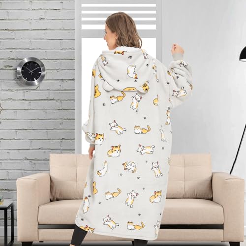 THREE POODLE Wearable Blanket Hoodie, Oversized Long Sherpa Sweatshirt Blanket for Adults Women Men, Warm Cozy Cat Hooded Blanket, Gifts for Mom Girlfriend - color: Cat, size: Adult-Extra Long
