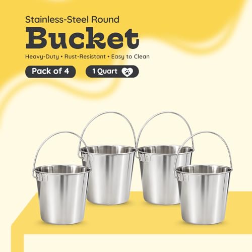 1 Qt Stainless Steel Hanging Water Bucket with Handle, 4-Pack | Food & Water Pail, 0.25 Gallon Capacity, Heavy-Duty, Round Design with Carry Handle, Ideal for Dogs, Cats, Birds & Small Pets - size: 1 Quart (Pack of 4)