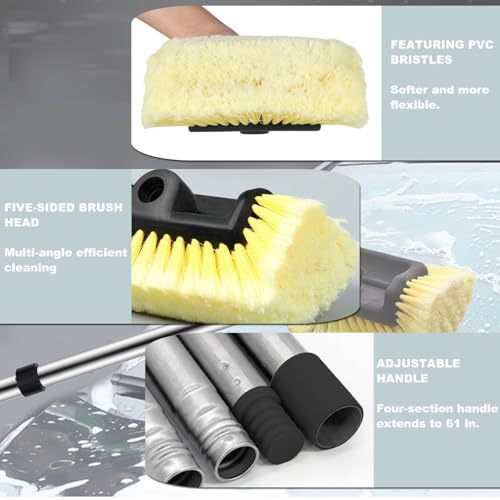 Car Wash Brush with Long Handle – Five-Sided Soft Bristle Brush for Car, Truck, SUV, RV, Boat & House Siding Cleaning - color: Yellow