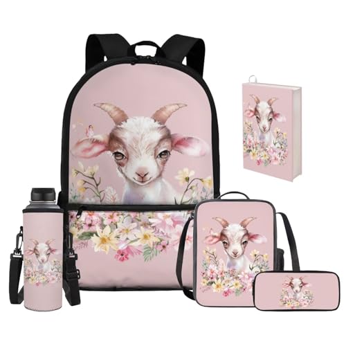 Upetstory Goat Backpack Backpack for Girls Kids Teen School Bag Set with Insulated Lunch Bag Pencil Case Water Bottle Sleeve Book Cover Schoolbag Book Bags Travel Hiking Camping Daypack Rucksack - color: Goat