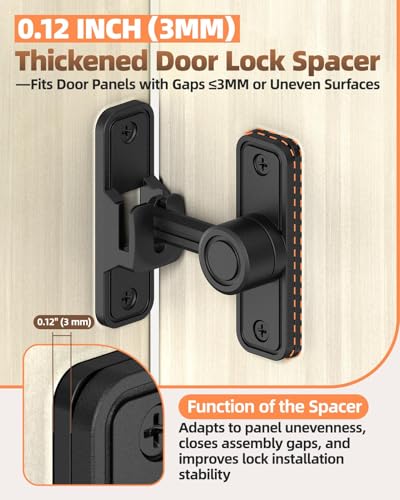 Heavy Duty Barn Door Lock, 90/180 Degree Latch, Black, 2 Pack | Thickened Zinc Alloy, Anti-Corrosion Coating, 3mm Spacer, Left Or Right Installation, For Sliding Doors, Shed And Bathroom - color: Black-2PCS