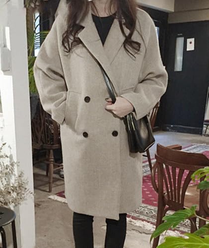 Women's Winter Double Breasted Coats Casual Loose Notch Lapel Wool Blend Pea Coat Warm Long Overcoat - color: Grey Beige, size: Large