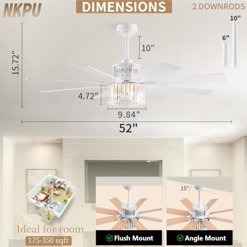 NKPU 52" Farmhouse Crystal Ceiling Fans with Lights and Remote, Chandelier Industrial Ceiling Fan with Dual 8 Blades, 6 Speed Reversible Motor, Timing, White Ceiling Fan for Living room, Bedroom - color: White