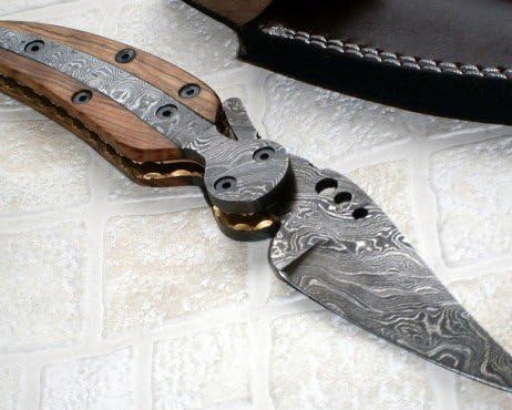 Custom Handmade Damascus Steel Folding Knife - Natural Wood Handle with Brass Bolster & Brass Lining | Artisan Forged 176-Layer 1095/15N20 Steel | Handmade Leather Sheath Included | 9 Inch Overall - color: Damascus Leaf
