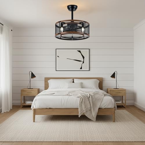 19" Modern Fandelier Ceiling Fan with Lights Remote Black Caged | Chandelier Ceiling Fan Industrial Fandelier for Bedroom Living Room, Reversible DC Motor 6 Speeds, 4 E12 Bulbs (Not Included) - color: Mesh Cage