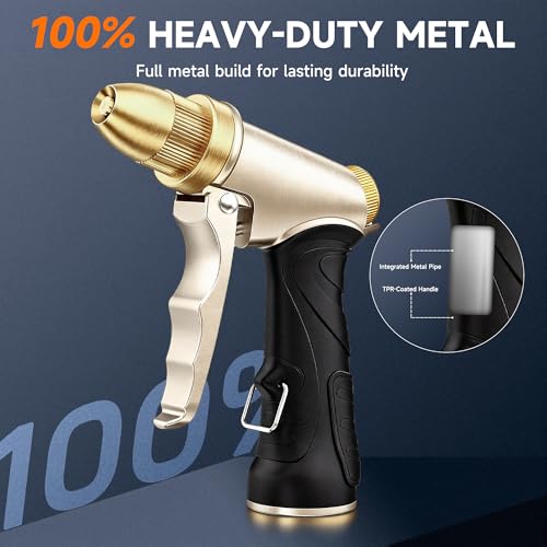 LAWN SOCIAL Metal Garden Hose Nozzle, High Pressure | Metal High Pressure Hose Sprayer, Adjustable Flow, Heavy Duty Leak-Proof, Rustproof for Car Wash, Plants & Patio - color: Golden