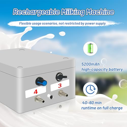 Cow and Goat Milking Machine Electric, 10 L Goat Milker Machine, 5200mAh Rechargeable Vacuum Pump Milker with Food-Grade, Auto-Shutoff Check Valve, 4 Silicone Teat Cups for Small Farms & Homestead