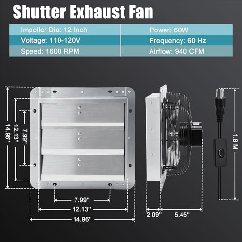 Criditpid 12 Inch Shutter Exhaust Fan, 970 CFM Wall Mounted Fan, Attic Vent Fan with Speed Controller and Thermostat for Greenhouse, Garages, Warehouse, Shed, Basement, Chicken Coops Ventilation. - size: 12 Inch Shutter Exhaust Fan