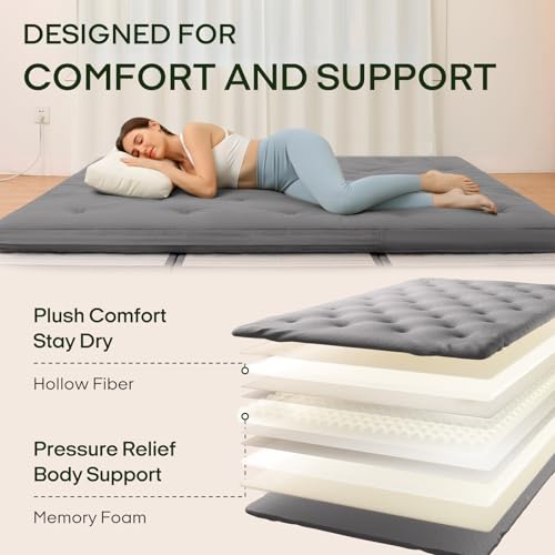 ZonLi Japanese Floor Futon Mattress 100% Cotton Cover Foldable Portable | 75" x 54" Full Size 2.5" Thick Tatami Mat Sleeping Pad, Roll Up Floor Lounger Bed for Guest, Dormitory, Camping & Travel - color: Grey, size: Full(75"L x 54"W x 2.5"Th)