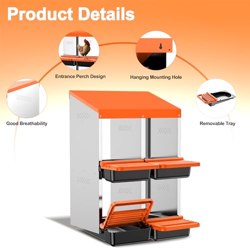 Chicken Nesting Boxes, Roll Away Nest Box for Egg Collector, 4 Holes Orange | Metal Nesting Box for Laying Eggs with Lid Cover to Protect Eggs, Easy Wipe, Slide Out for Quick Bedding Change and Rinse - size: 4 Holes