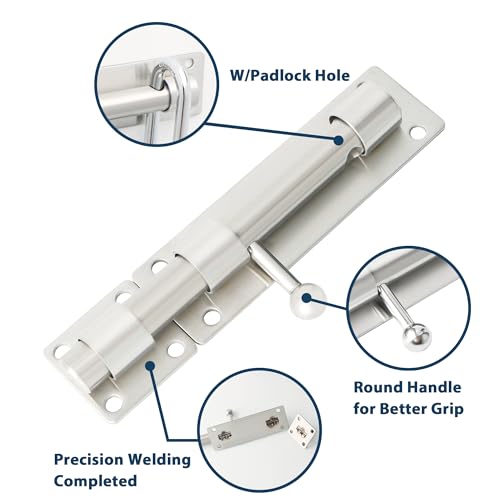 Alise 6 inch Barrel Bolt Latch,Heavy Duty Slide Lock for Barn Door | Brushed Nickel SUS304 Stainless Steel Padlock-Style Slide Bolt Latch,Security Gate Latch for Wooden Fence,Outdoor Door - color: Brushed Nickel, size: 6 Inch