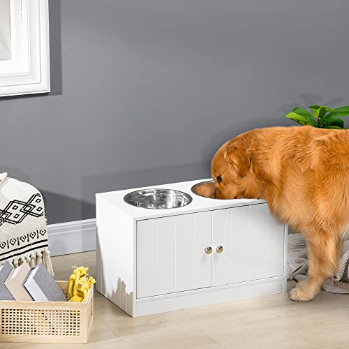PawHut Large Elevated Dog Bowls with Storage Cabinet Containing Large 44L Capacity, Raised Dog Bowl Stand Pet Food Bowl Pet Feeding Station, White | Raised Dog Bowl Stand, Pet Feeding Station - color: White