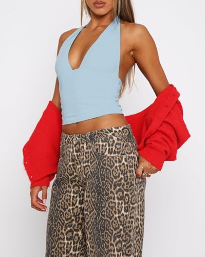 ForeFair Women Sexy Halter Deep V Neck Backless Crop Tank Top Open Back Sleeveless Slim Fit Y2k Summer Tops - color: Blue, size: X-Small