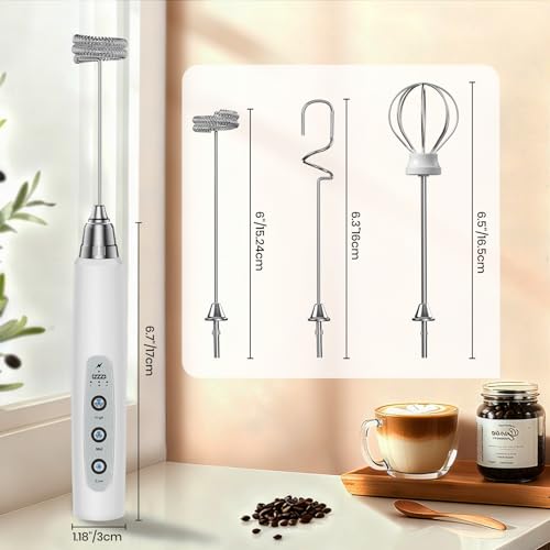 Colarlemo Milk Frother Handheld Rechargeable, Frother Wand Drink Mixer Electric Whisk for Coffee, Detachable With 3 Stainless Whisks, Hand Mixer for Lattes, Cappuccino, Matcha, Egg, No Stand, White - color: White, style: without stand