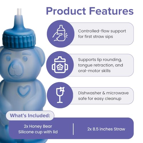 TalkTools Honey Bear Silicone Straw Cup, Dishwasher Safe Baby Drinking Bottle, Premium Food-Grade Material, Honeybear Sippy Cup for Ages 4+ Months, Kids and Toddlers (Pack of 2-8oz) (Blue) - color: Blue