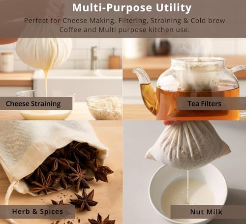 PurpleEssences Ultra-Dense Unbleached Cotton Nut Milk & Filter Bags Reusable Cheesecloth Drawstring Strainers for Cheese Making, Straining, Storage, Sprouting - Set of 4-4X6 Inch - Natural - size: 4 x 6 Inch