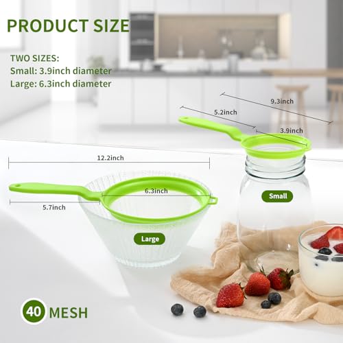 Luckyiren Kefir Strainer Set, 2-Size Plastic Non-Metal Sieve with Fine Mesh | 6.3" & 3.9" Diameter Double-size for Kefir Grains, Milk Kefir, Water Kefir & Kombucha - Durable, Food Grade & Easy Clean - color: Green