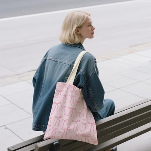 Aesthetic Canvas Tote Bag for Women - with Magnetic Snap Closure & Zipper Inner Pocket Reusable Totes Bag - color: Bow1