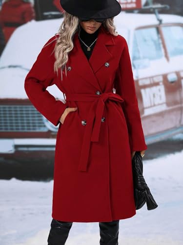 utcoco Womens Long Wool Pea Coat Notched Lapel Double Breasted Trench Coat Winter Warm Overcoat with Belt - color: Red, size: Small