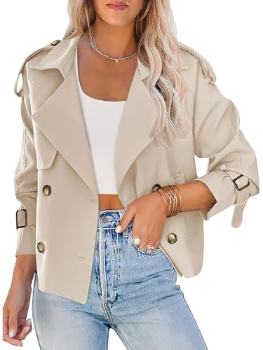 ebossy Women's Double Breasted Short Duster Trench Coat Lapel Loose Windproof Cropped Jacket Coat with Pockets - color: Beige, size: Small
