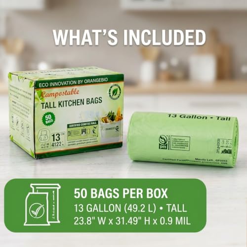OrangeBio 13 Gallon Compostable Trash Bags, 50 Count, BPI Home Certified | 0.9 Mil Tall Kitchen Garbage Bags for Food Waste & Home Composting, Plant-Based, 24" x 31.5" - size: 50 Count (Pack of 1)