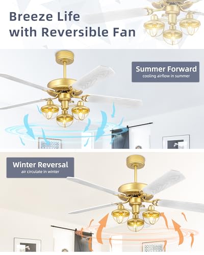YOUKAIN 52-Inch Farmhouse Ceiling Fan with 3 Lights & Remote, Gold/Wood | 5 reversible blades, industrial-inspired gold and wood finish for indoor/outdoor use and covered patios