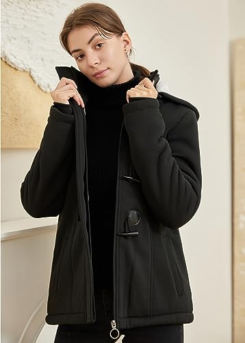 JiangWu Womens Fashion Horn Button Fleece Thicken Coat with Hood Winter Warm Jacket - color: B-thicken-black, size: Small