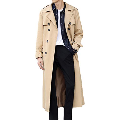 Pantete Men's Double Breasted Trench Coat Oversized Casual Windbreaker Lapel Long Jacket Overcoat - color: Khaki, size: Medium