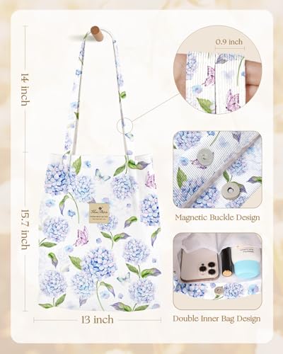 Miss Adola Corduroy Tote Bag for Women with Aesthetic Design | Magnetic Buckle & Pocket, Reusable, Soft, Roomy, Long Shoulder Handles, Double-sided Print, Casual Daily Work, Grocery Bags - color: Blue Hydrangea, size: Large