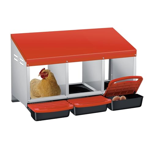 Galvanized Steel Chicken Nesting Box 3 Compartment with Pull Out Tray, Roll Away Nest Boxes for Laying Hens Egg Collection, Wall Mount Poultry Nest Box for Coop with Handle, Orange - color: Orange, size: 3 Compartments