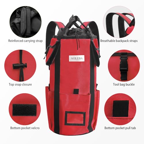 AOLEBA Arborist Rope Storage Bag Tree Climbing Rock Rope Bucket Backpack Rope Storage Bag Large Capacity 1680D Thicken Nylon Material with Hand Straps, Side Pockets - color: Red