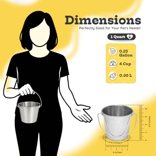 1Qt Stainless Steel Hanging Water Bucket for Dog Kennel 2-Pack | Food & Water Pail, 0.25 Gallon Capacity, Heavy-Duty, Round Design with Carry Handle, Ideal for Dogs, Cats, Birds & Small Pets - size: 1 Quart (Pack of 2)