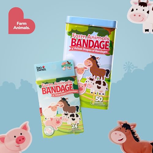 BioSwiss Bandages, Farm Animal Shaped Self Adhesive Bandage Set, Latex Free, Sterile Wound Care, 50 Count - size: 50-Count Tin, style: Farm Animals