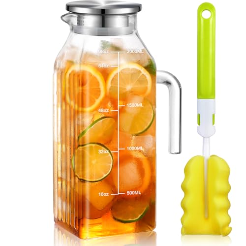 Aofmee 68oz Glass Pitcher with Lid and Handle for Fridge, Clear Handle | Iced Tea Pitcher for Fridge, Borosilicate Glass Carafe, Sun Tea Jar, Dual Pour Stainless Lid, Dishwasher Safe - color: Clear Handle