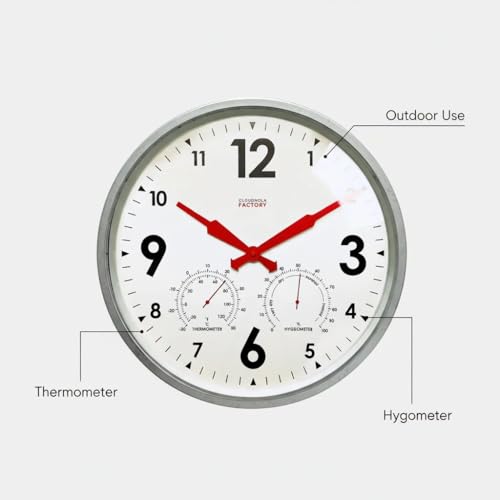 Cloudnola Indoor Outdoor Waterproof Metal Wall Clock with Thermometer and Hygrometer, Zinc Gray, 12 inch Silent Non-Ticking Battery Operated Quality Quartz Round Clock for Patio and Home Decor