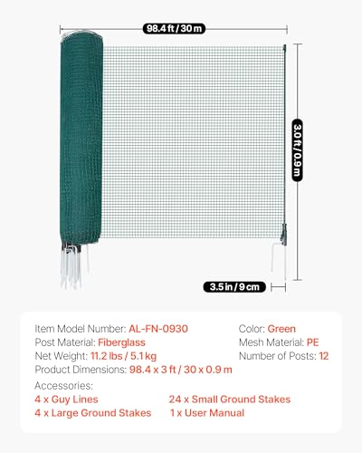 VEVOR Temporary Fence with Posts, 3 x 98.4 FT Plastic Mesh Fencing, Garden Safety Fences Netting with Double-Spike Stakes & Guy Ropes, Temporary Fence for Dogs, Chickens, Plants, Outdoor Yards - size: 36in*98ft