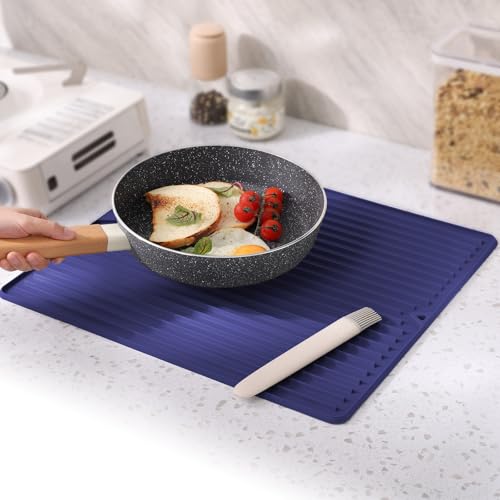 Silicone Dish Drying Mat, Large & Thick, 16" x 18", Blue | For Kitchen Counter and Bathroom, Super Thick, Heat-Resistant Trivet, Countertop Protector, Non-Toxic, For Dishes and Pots - size: 16" x 18"