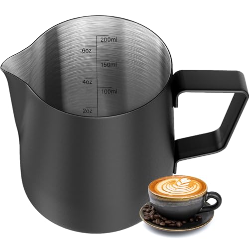 HULISEN Milk Frothing Pitcher, 6.8oz/200ml Stainless Steel Frother Cup | Small Steaming Pitcher for Espresso Machine, Latte Art Pour Cup, Measurement Markings, Dishwasher Safe, Black - size: 6.8 Ounces