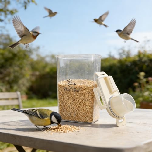 3.17 Qt/3 L Bird Seed Storage Container Airtight- Portable Bird Food Container with Airtight Measuring Cup, Clear Pet Parrot Seed Dispenser for Birds Food Chicken Feed Storage, Beige Lid