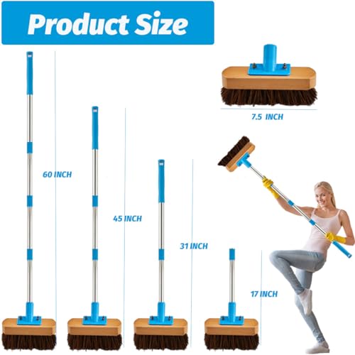 YONILL Floor Scrub Brush with Long Handle for Deck, Patio,Garden, Sidewalk | 60" Adjustable Stainless Steel Handle, Deck Brush with Stiff Natural Palmyra Bristles, Cleaning Rough Surface, Concrete Floor