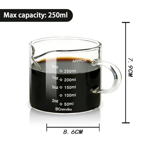 BCnmviku Espresso Cup Measuring Cup Triple Pitcher Milk Cup 250ML/8.5OZ Espresso Cups with Handle Shot Glass with V-Shaped Mouth Clear Accessories Milk Frothing Pitcher (1)